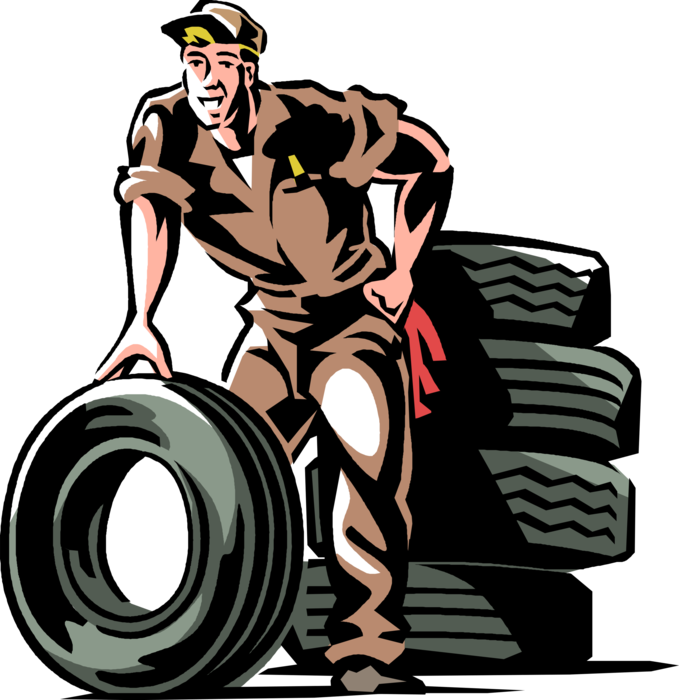 Vector Illustration of Automotive Service Technician Garage Mechanic with Motor Vehicle Car Tires