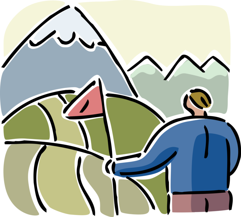 Vector Illustration of Businessman Mountain Climber Targets Conquering Mountain Summit Goal with Flag to Plant
