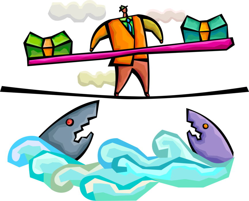 Vector Illustration of Businessman Balances Investment Risks on Highwire Tightrope with Cash Money Threatened by Marine Predator Sharks