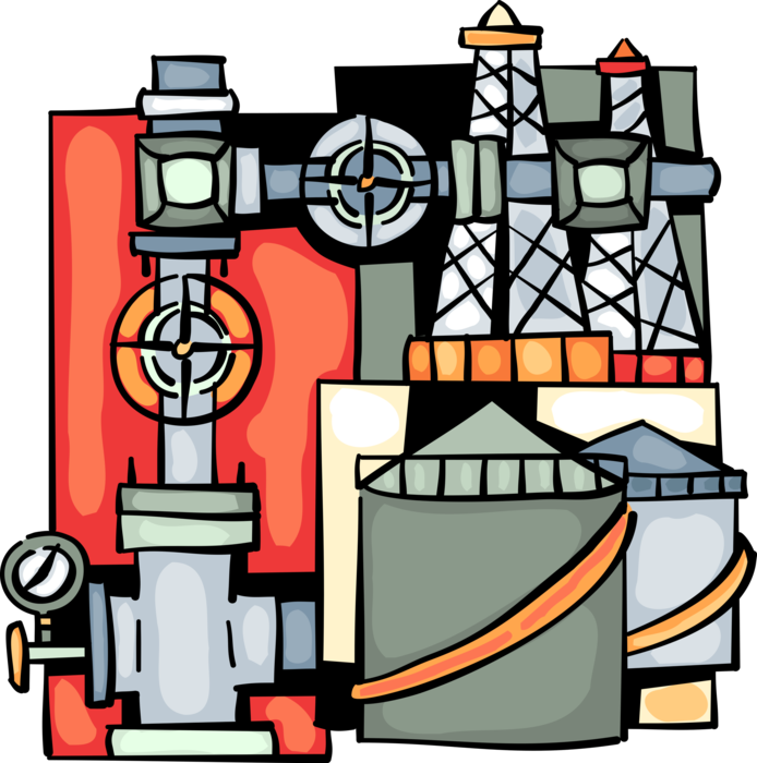 Vector Illustration of Fossil Fuel Oil and Gas Industry Energy Pipeline to Refinery for Crude Distillation and Processing