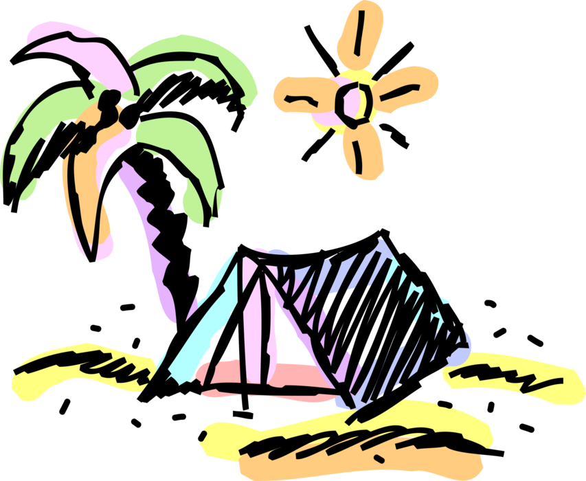 Vector Illustration of Outdoor Recreational Activity Camping Pup-Tent Tent Shelter on Beach Seashore with Palm Tree and Sun Shining