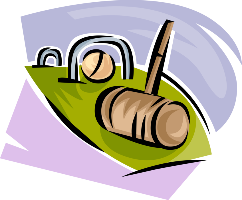 Vector Illustration of Croquet Set Mallet, Wooden Ball and Hoops