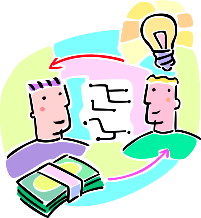 Vector Illustration of Innovation and Invention Paid for with Cash Money Dollars for Inspired Ideas with Light Bulb