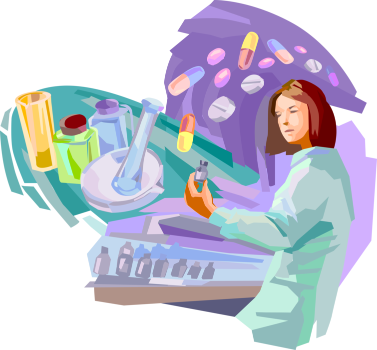Vector Illustration of Pharmaceutical Industry Laboratory Research, Prescription Drug Product Development
