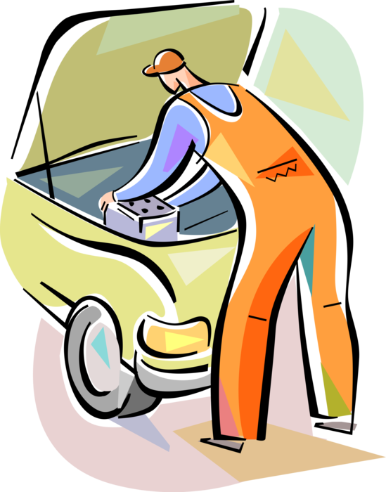 Vector Illustration of Automotive Service Technician Garage Mechanic Replaces 12 Volt Car Battery