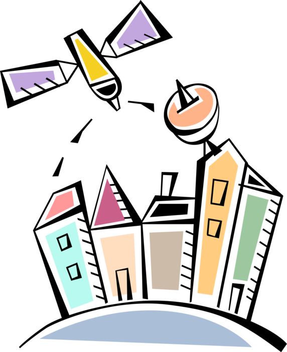 Vector Illustration of Telecommunications Satellite Transmits Information to Terrestrial Parabolic Dish Antenna Receivers in City