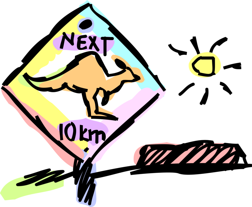 Vector Illustration of Australian Marsupial Kangaroo Vehicular Traffic Caution Sign in Outback with Ayers Rock, Australia Landmark