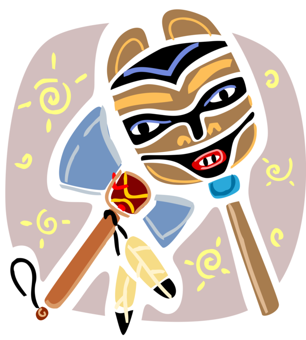 Vector Illustration of North American Indigenous Indian Carved Mask and Tomahawk Axe