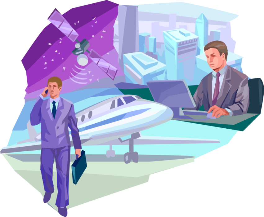 Vector Illustration of Corporate Business Travel with Jet Airplane and Satellite Telecommunications with Head Office