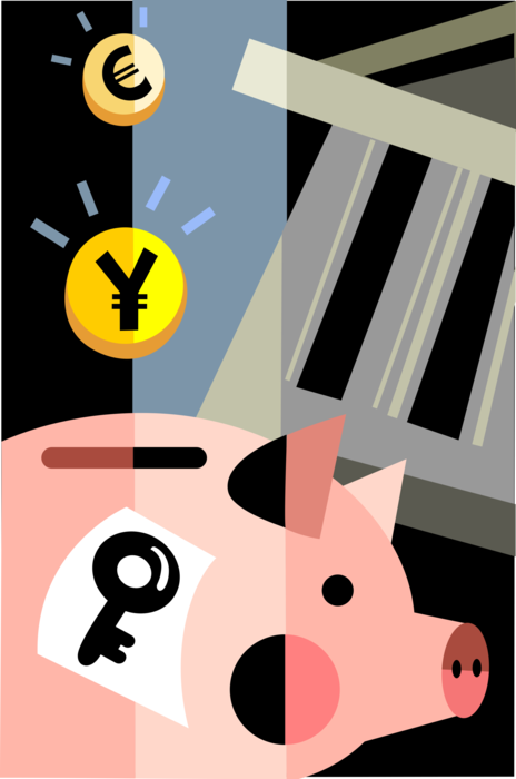 Vector Illustration of Savings and Investments Piggy Bank, International Currency Coins, Financial Institution Bank