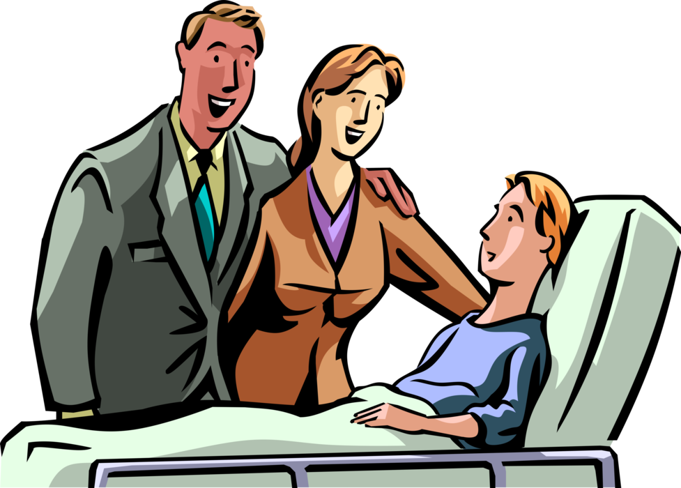 Vector Illustration of Mother and Father Parents Visit Sick Son at Hospital Bedside