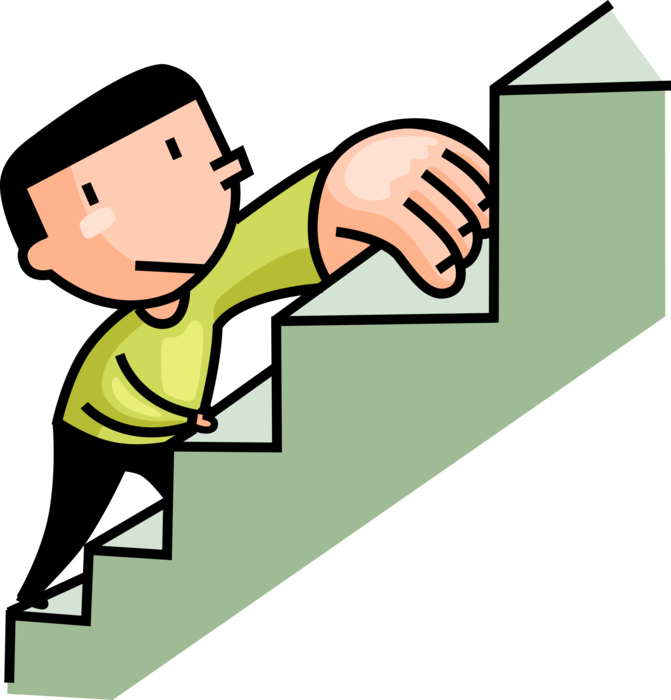 Vector Illustration of Youthful Junior Executive Businessman Climbs Stairs to Corporate Career Success
