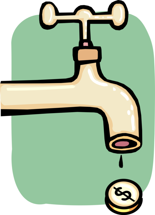 Vector Illustration of Corporate Financial Profits Go Down Drain with Water Tap Sink Faucet