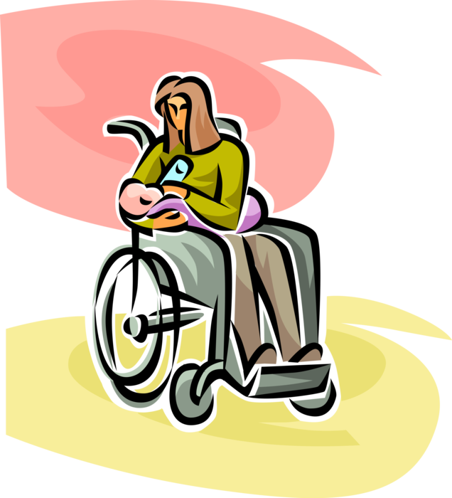 Vector Illustration of Woman in Handicapped or Disabled Wheelchair Feeds Newborn Infant Baby