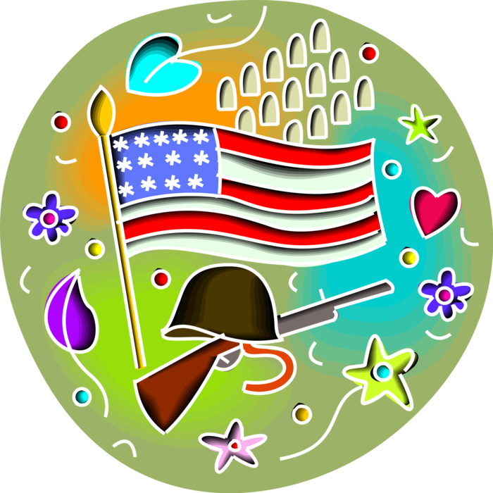 Vector Illustration of American Veteran's Day Remembrance Memorial with United States Stars and Stripes Flag, Military Graves