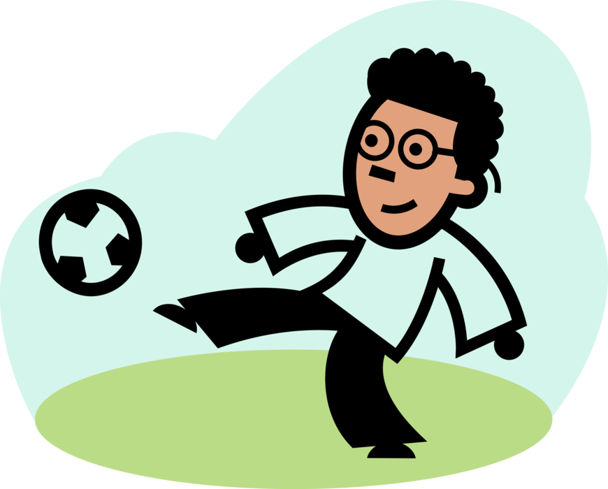 Vector Illustration of Sport of Soccer Football Player Kicks Ball on Football Pitch During Game