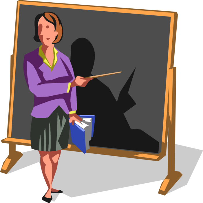 Vector Illustration of Businesswoman Professor, Teacher, Instructor at Chalkboard Blackboard with Pointer Teaching