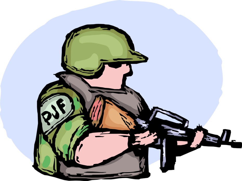 Vector Illustration of Heavily Armed United States Military Soldier Stands Guard Ready for Combat Duty