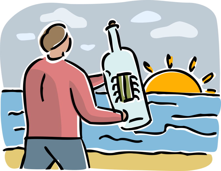 Vector Illustration of Computer Technology Message in Bottle Metaphor of Struggle to Break Free From Isolation and Communicate