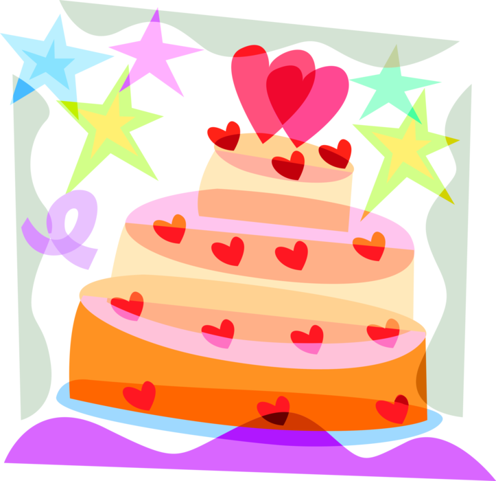 Vector Illustration of Wedding Cake Traditional Cake Served at Wedding Receptions with Love Hearts and Stars
