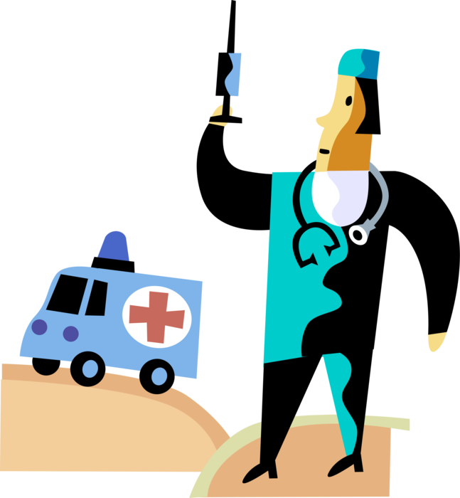 Vector Illustration of Health Care Professional Doctor Physician with Paramedic Service Emergency Ambulance