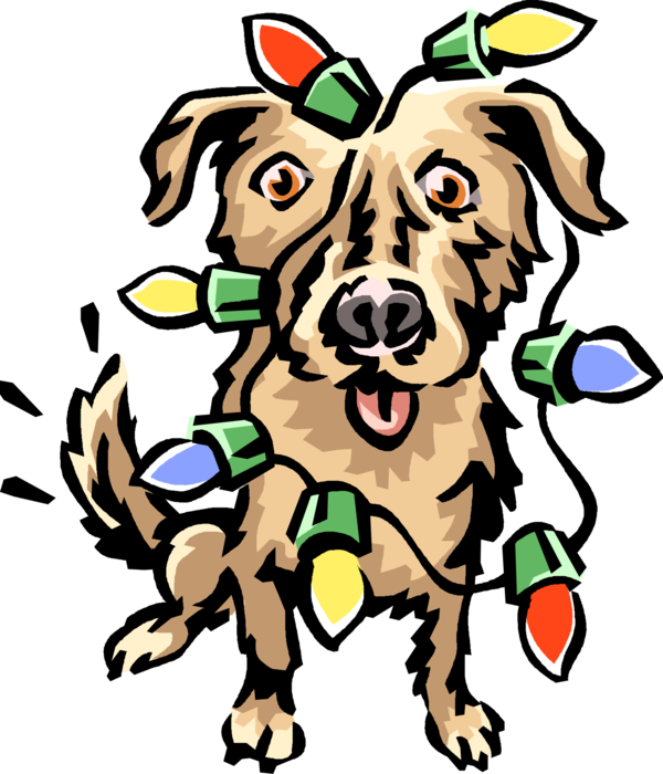 Vector Illustration of Family Pet Dog Wrapped in Christmas Colored Lights