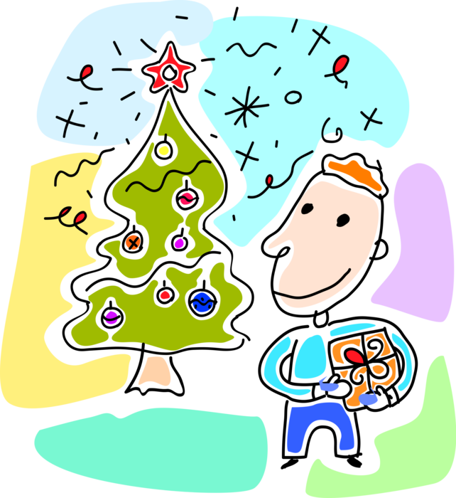 Vector Illustration of Child Receives Present Gift on Christmas Morning with Evergreen Christmas Tree