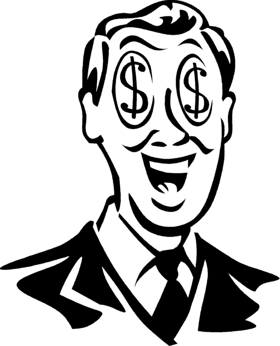 Vector Illustration of Businessman with Cash Money Dollar Signs in Eyes