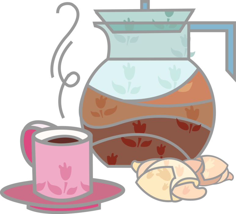 Vector Illustration of Morning Cup of Coffee with Coffee Pot and Breakfast Pastry Croissant