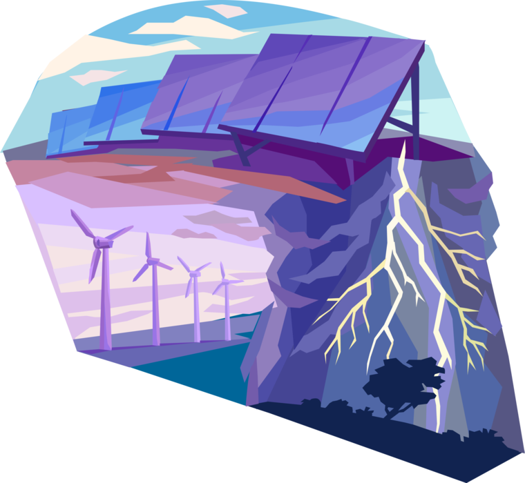 Vector Illustration of Renewable Solar Energy Photovoltaic Panel, Wind Turbines Create Electrical Power, Lightning Storm