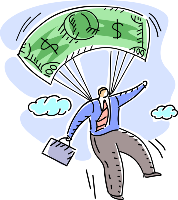 Vector Illustration of Businessman Comes in for Soft Landing with Financial Cash Money Dollar Parachute