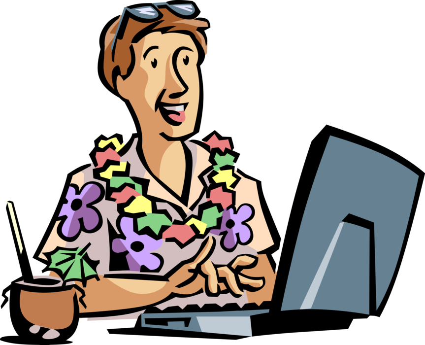Vector Illustration of Holiday Vacation Traveler with Hawaiian Lei and Notebook Computer Searches Online Internet
