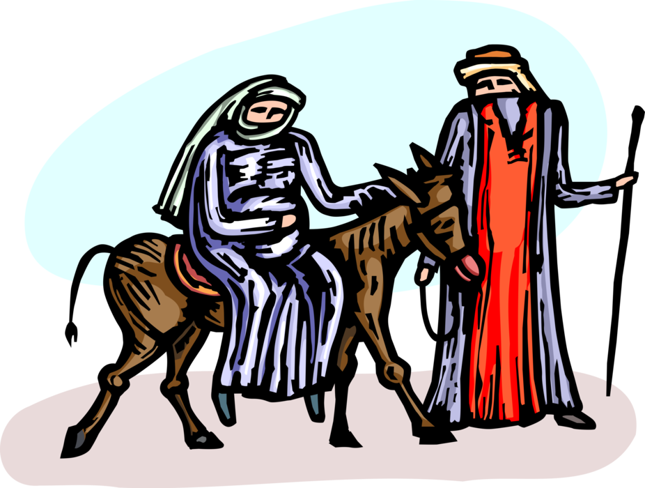 Vector Illustration of Virgin Mary and Joseph Travel to Bethlehem on Donkey for Birth of Jesus Christ at Christmas