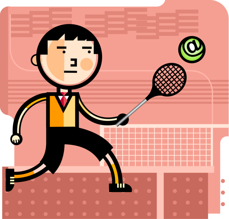 Vector Illustration of Businessman Tennis Player with Racket Serves Email Correspondence Ball During Tennis Game