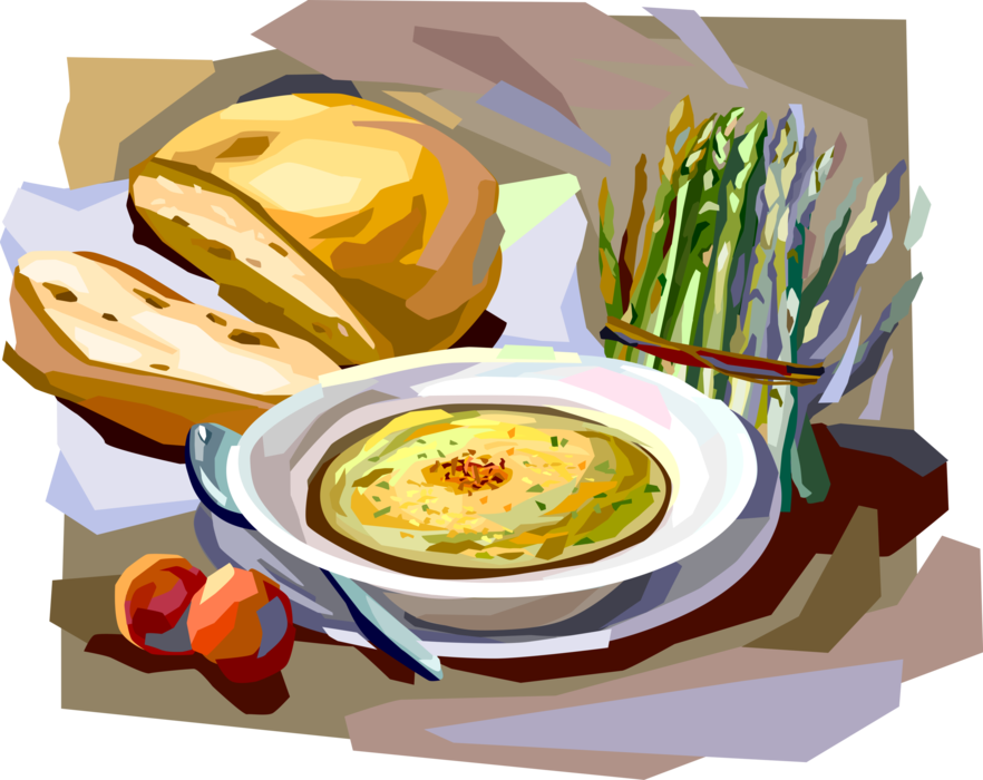 Vector Illustration of French Lunch with Soup and Fresh Bread