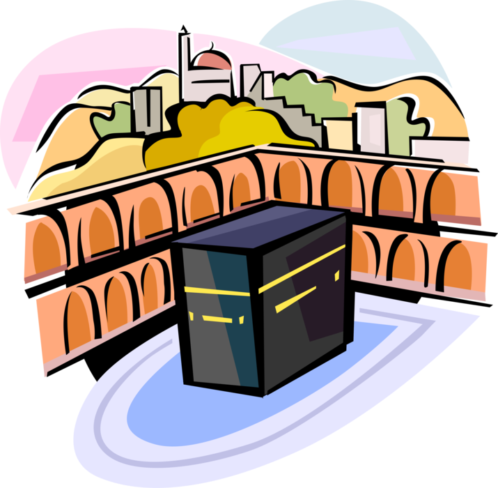 Vector Illustration of Grand Kaaba Islam Sacred Mosque, Al-Masjid al-Haram, Mecca, al-Hejaz, Saudi Arabia