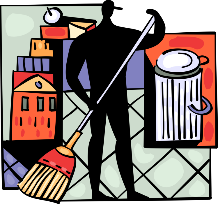 Vector Illustration of Building Custodian Janitor Cleaner Sweeps Dirt with Broomstick Broom and Garbage Trash Can