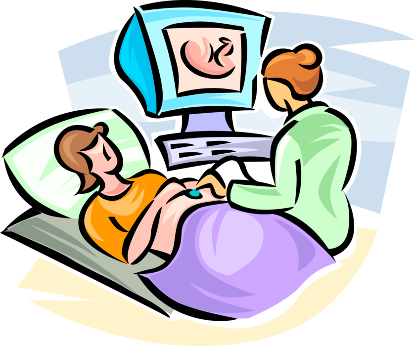 Vector Illustration of Pregnant Expectant Mother Receives Ultrasound by Technician