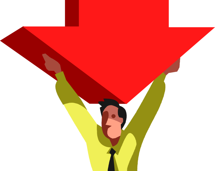 Vector Illustration of Businessman Under Downward Pressure of Declining Sales Revenue Arrow