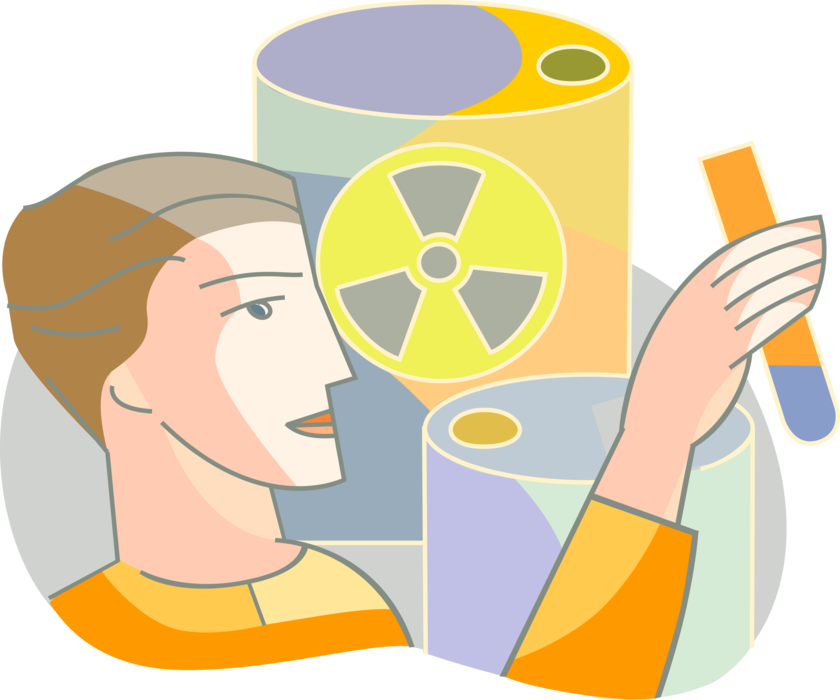 Vector Illustration of Nuclear Physicist Scientist with Nuclear Fallout Radioactive Materials and Radiation Symbol