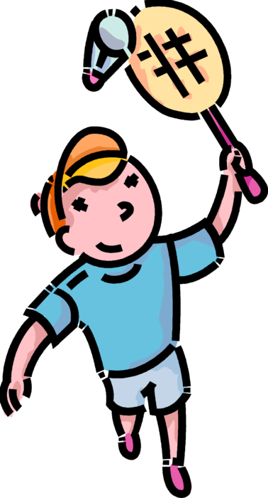Vector Illustration of Primary or Elementary School Student Boy Plays Badminton with Racket and Shuttlecock Birdie