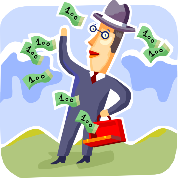 Vector Illustration of Businessman Celebrates Cash Bonus Windfall with Briefcase Full of Money Dollars