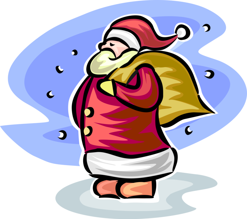 Vector Illustration of Santa Claus, Saint Nicholas, Saint Nick, Father Christmas, Kris Kringle Carries Sack of Gifts