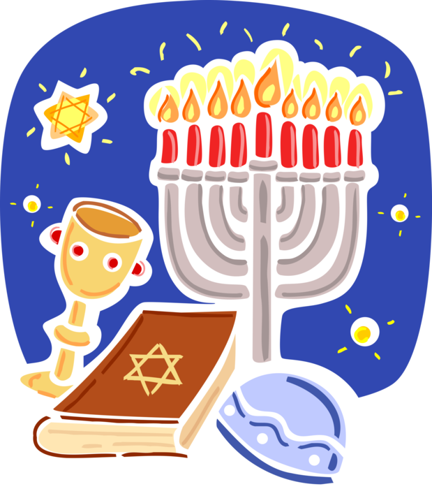 Vector Illustration of Jewish Chanukah Hanukkah Menorah Lampstand Candles Candelabrum with Hebrew Bible, Chalice Cup