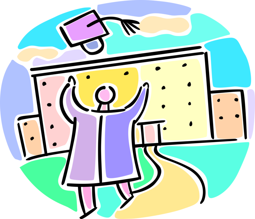 Vector Illustration of School Graduate Throwing Mortarboard Hat in the Air at Graduation Ceremony