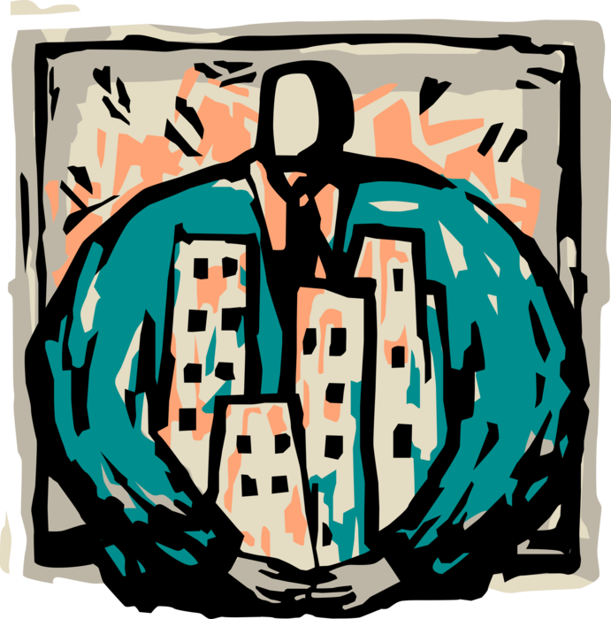 Vector Illustration of Commercial Real Estate Development Businessman Embraces Office Tower Buildings