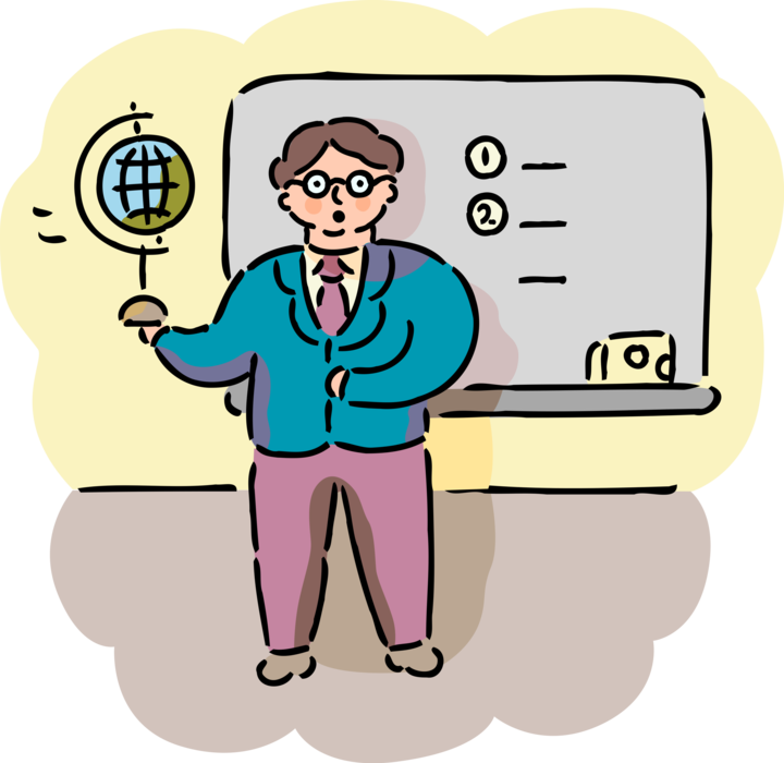 Vector Illustration of School Geography Teacher in Classroom Teaching Students with Globe
