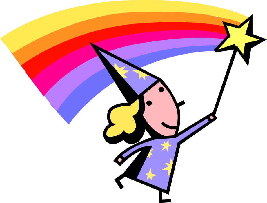 Vector Illustration of Sorcerer Sorceress Wizard Magician Waves Magic Wand with Star and Rainbow