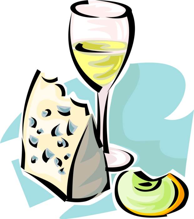 Vector Illustration of White Wine in Glass with Apple Slice and Blue Cheese