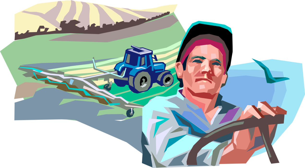 Vector Illustration of Farmer Drives Farm Equipment Tractor to Plough Fields for Agricultural Crop Planting